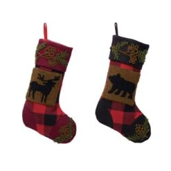 19 In. Acrylic Plaid Stocking With Rug Hooked Reindeer And Bear (Set Of 2)