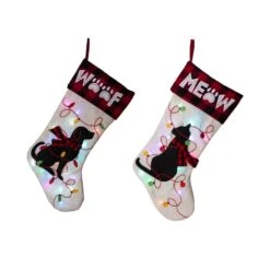 21 In. Polyester LED Embroidered Linen Dog And Cat Christmas Stocking (2-Pack)