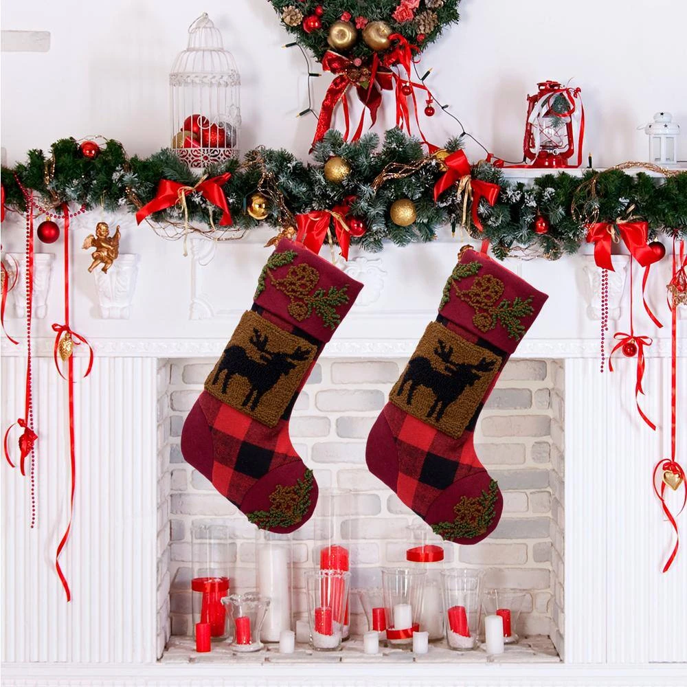 19 In. Plaid Polyester Stocking With Rug Hooked Reindeer (2-Pack) 7 19 In. Plaid Polyester Stocking With Rug Hooked Reindeer (2-Pack) - Image 7