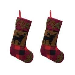 19 In. Plaid Polyester Stocking With Rug Hooked Reindeer (2-Pack)