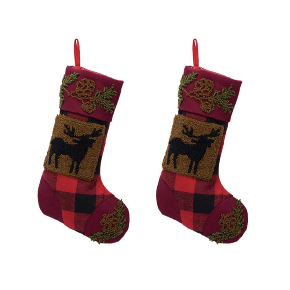 19 In. Plaid Polyester Stocking With Rug Hooked Reindeer (2-Pack) 1 19 In. Plaid Polyester Stocking With Rug Hooked Reindeer (2-Pack)