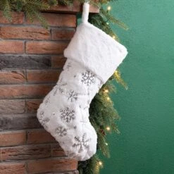 21 In. H Polyester White Plush Stocking With Snowflake Christmas -Northlight Shop glitzhome christmas stockings 2004700066 31 1000