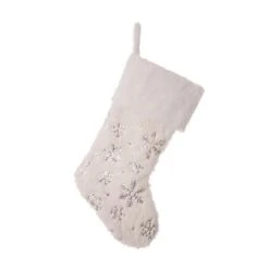 21 In. H Polyester White Plush Stocking With Snowflake Christmas