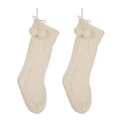 2-Pack 24 In. H Knitted Polyester Christmas Stocking With Pom Pom Ball-White