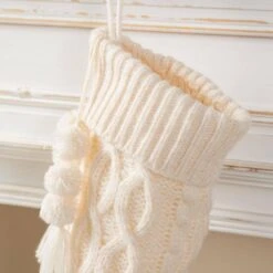 22 In. White Knitted Christmas Stocking With Pompon Tassel 12 22 In. White Knitted Christmas Stocking With Pompon Tassel -Northlight Shop glitzhome christmas stockings 2004700149 1f 1000