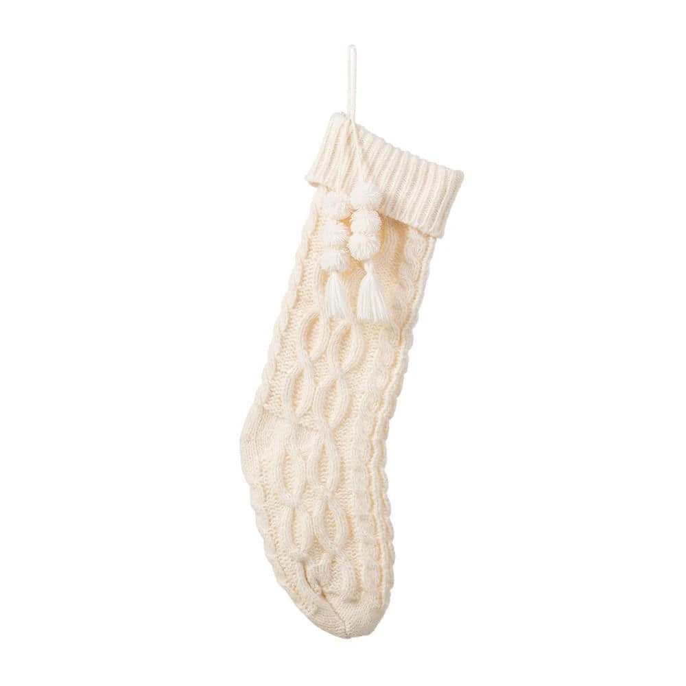 22 In. White Knitted Christmas Stocking With Pompon Tassel 1 22 In. White Knitted Christmas Stocking With Pompon Tassel