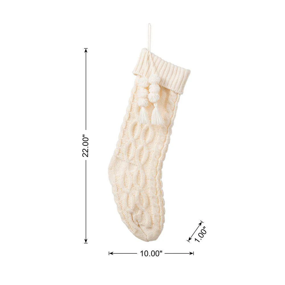22 In. White Knitted Christmas Stocking With Pompon Tassel 4 22 In. White Knitted Christmas Stocking With Pompon Tassel - Image 4