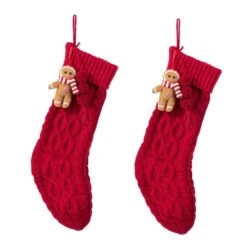 22 In. Red Knitted Christmas Stocking With Complimentary Gingerbread Man Ornament (2 Pack)
