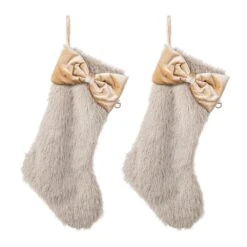 21 In. Faux Fox Fur Christmas Stocking With Bow (2 Pack)