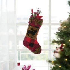18.9 In. Acrylic Plaid Christmas Stocking With Rug Hooked Reindeer -Northlight Shop glitzhome christmas stockings gh1113000104 1f 1000