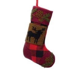 18.9 In. Acrylic Plaid Christmas Stocking With Rug Hooked Reindeer