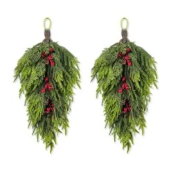 31.5 In. Greenery PE Dripping Artificial Christmas Swag Teardrop With Pinecones And Red Berries (Set Of 2)