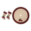 Set Of 3 Embroidered Linen Christmas Decoration (21 In. Stocking And 48 In. Tree Skirt)
