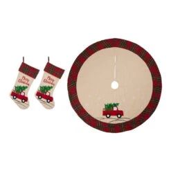 Set Of 3 Embroidered Linen Christmas Decoration (21 In. Stocking And 48 In. Tree Skirt)