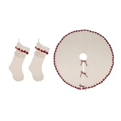 Set Of 3 Knitted Polyester White Christmas Decoration (52 In. Tree Skirt/ 22 In. Stocking)