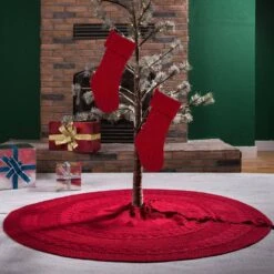 Set Of 3 Knitted Polyester Red Christmas Decoration (52 In. Tree Skirt/ 24 In. Stocking) -Northlight Shop glitzhome christmas textiles 2004700031 31 1000