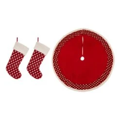 Set Of 3 Fabric Pompom Christmas Decoration (48 In. Tree Skirt And 21 In. Stocking)