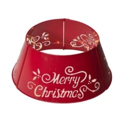 22 In. D Red Merry Christmas Cutout Metal Tree Collar With Light String (KD)