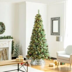 26 In. D Galvanized Merry Christmas Cutout Metal Tree Collar With Light String (KD) -Northlight Shop glitzhome christmas tree collars 2010600017 77 1000