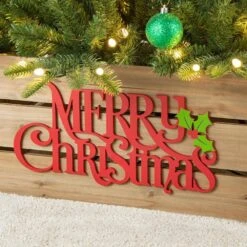 27 In. L Natural Wooden "MERRY CHRISTMAS" Solid Wood Crate Tree Collar -Northlight Shop glitzhome christmas tree collars 2010600060 1f 1000