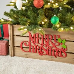 24 In. L Natural Wooden "MERRY CHRISTMAS" Solid Wood Crate Tree Collar -Northlight Shop glitzhome christmas tree collars 2010600061 1f 1000