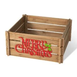 24 In. L Natural Wooden "MERRY CHRISTMAS" Solid Wood Crate Tree Collar