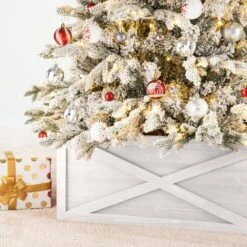 26 In. L Washed White Wooden Tree Collar -Northlight Shop glitzhome christmas tree collars 2010600071 44 1000