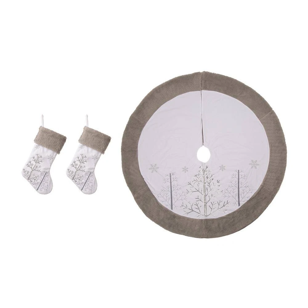 48 In. Tree Skirt And 21 In. H Stocking (Set Of 3 White Fleece Christmas Decorations) 1 48 In. Tree Skirt And 21 In. H Stocking (Set Of 3 White Fleece Christmas Decorations)