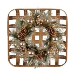 6.30 In. Wooden Window Frame With LED Pre-Lit Pinecone And Ornament Wreath