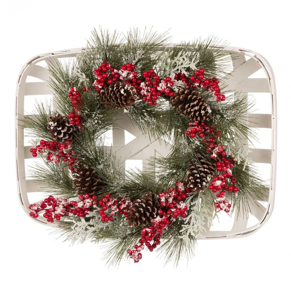 24 In. Artificial Dia Flocked Pinecone And Berry Wreath With Wooden Tobacco Basket 1 24 In. Artificial Dia Flocked Pinecone And Berry Wreath With Wooden Tobacco Basket