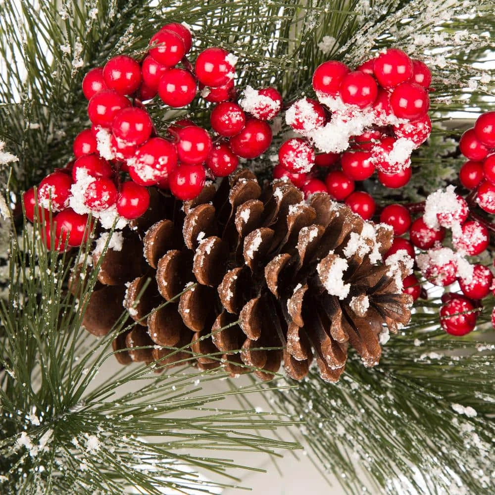 24 In. Artificial Dia Flocked Pinecone And Berry Wreath With Wooden Tobacco Basket 2 24 In. Artificial Dia Flocked Pinecone And Berry Wreath With Wooden Tobacco Basket - Image 2
