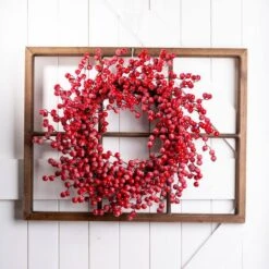 22 In. Artificial Dia Red Berry Wreath With Wooden Window Frame -Northlight Shop glitzhome christmas wreaths 1115203528 31 1000