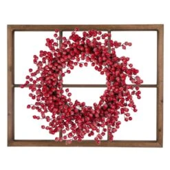 22 In. Artificial Dia Red Berry Wreath With Wooden Window Frame