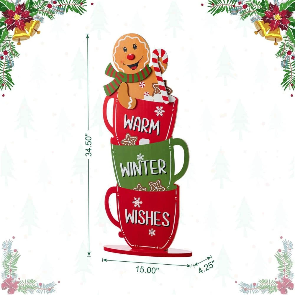 34.50 In. H Wooden Christmas Gingerbread Man On Coffee Cup Porch Decor 3 34.50 In. H Wooden Christmas Gingerbread Man On Coffee Cup Porch Decor - Image 3