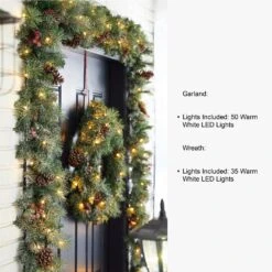 2pk 4ft. Flocked Artificial Christmas Tree And 24 In. D Pre-Lit Christmas Wreath And Matched 2pk 9 Ft. Garland Set -Northlight Shop glitzhome outdoor christmas trees 2014600091 4f 1000