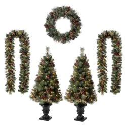 2pk 4ft. Flocked Artificial Christmas Tree And 24 In. D Pre-Lit Christmas Wreath And Matched 2pk 9 Ft. Garland Set