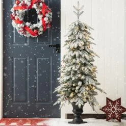 5 Ft. Pre-Lit Flocked Fir Artificial Christmas Tree With 150 Warm White Lights And Red Berries