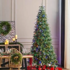 9 Ft. Pre-Lit Green Slim Fir Artificial Christmas Tree With 650 Warm White/Multi-color LED Lights -Northlight Shop glitzhome pre lit christmas trees 2014600187 31 1000