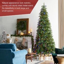9 Ft. Pre-Lit Green Slim Fir Artificial Christmas Tree With 650 Warm White/Multi-color LED Lights -Northlight Shop glitzhome pre lit christmas trees 2014600187 4f 1000