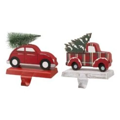 Wooden/Metal Red Car & Truck Stocking Holder (Set Of 2)
