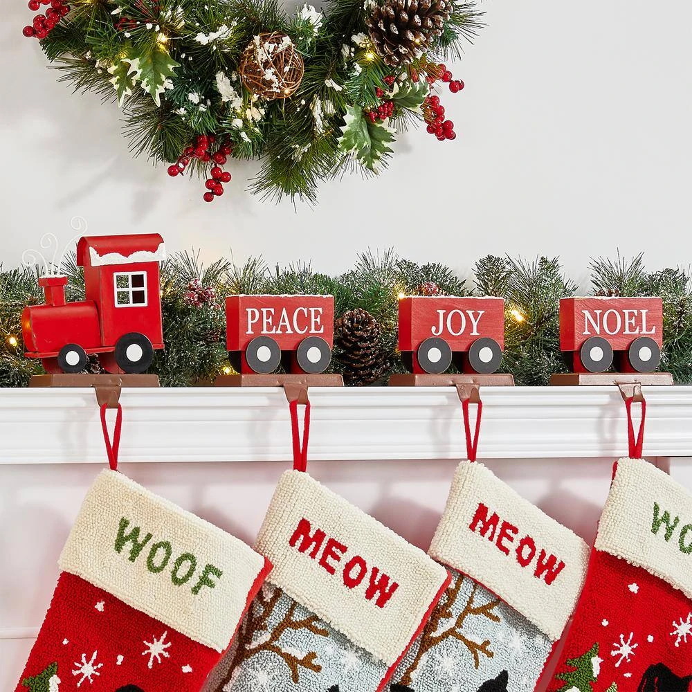 8.5 In. H Set Of 4 Wooden Metal Christmas Train Stocking Holder 3 8.5 In. H Set Of 4 Wooden Metal Christmas Train Stocking Holder - Image 3