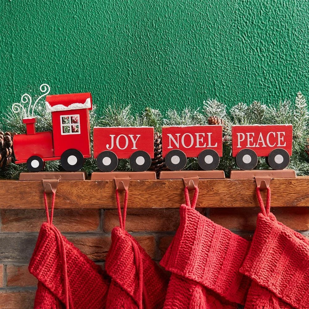 8.5 In. H Set Of 4 Wooden Metal Christmas Train Stocking Holder 2 8.5 In. H Set Of 4 Wooden Metal Christmas Train Stocking Holder - Image 2