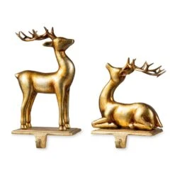 Gold Resin Standing And Sitting Reindeer Stocking Holders (Set Of 2)
