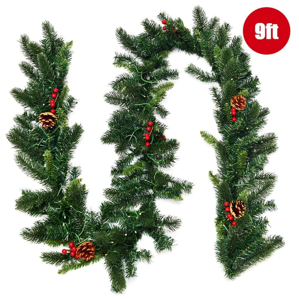 9 Ft. Pre-lit Artificial Christmas Garland Decoration Indoor Outdoor W/LED Lights Timer 4 9 Ft. Pre-lit Artificial Christmas Garland Decoration Indoor Outdoor W/LED Lights Timer - Image 4