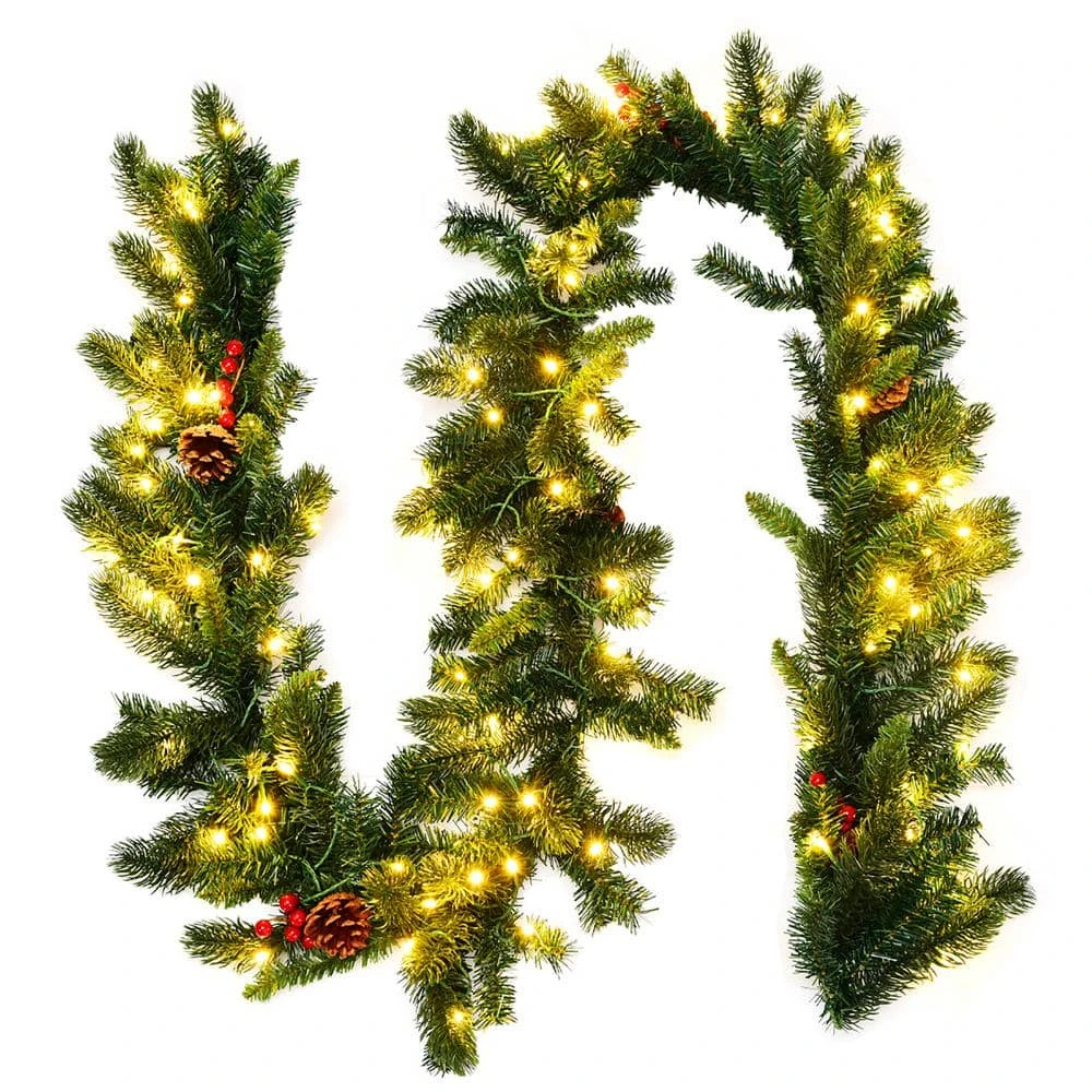 9 Ft. Pre-lit Artificial Christmas Garland Decoration Indoor Outdoor W/LED Lights Timer 3 9 Ft. Pre-lit Artificial Christmas Garland Decoration Indoor Outdoor W/LED Lights Timer - Image 3