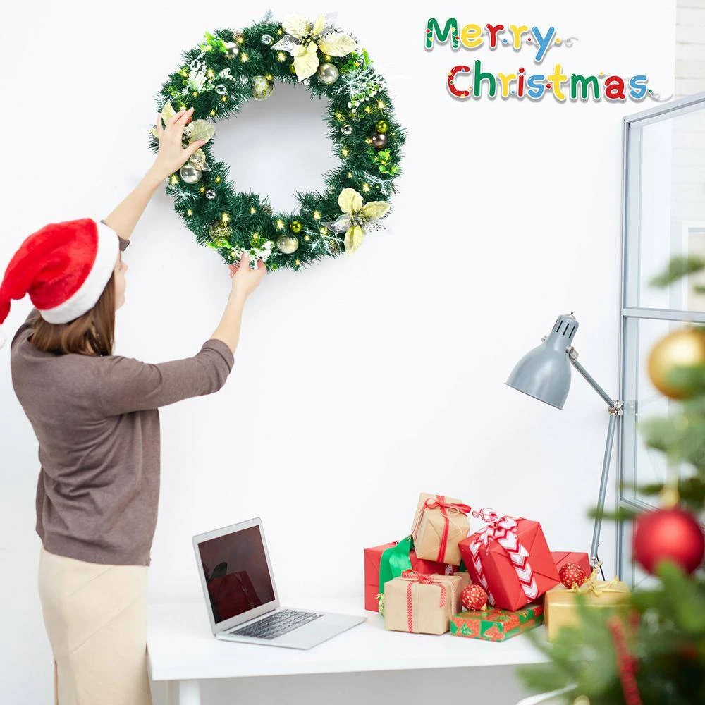 24 In. Pre-lit Full Decorated Artificial Christmas Wreath With LED Lights And Timer 4 24 In. Pre-lit Full Decorated Artificial Christmas Wreath With LED Lights And Timer - Image 4