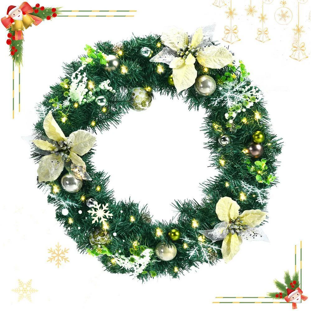 24 In. Pre-lit Full Decorated Artificial Christmas Wreath With LED Lights And Timer 3 24 In. Pre-lit Full Decorated Artificial Christmas Wreath With LED Lights And Timer - Image 3