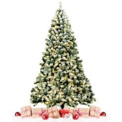 7.5 Ft. Pre-lit Snow Flocked Artificial Christmas Tree Hinged Pine Tree Holiday Decoration -Northlight Shop gymax pre lit christmas trees gym06135 1f 1000