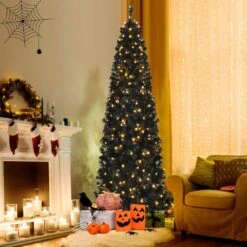 7 Ft. Pre-Lit Black Halloween Artificial Christmas Tree Artificial PVC Slim Pencil Christmas Tree -Northlight Shop gymax pre lit christmas trees gym08655 1f 1000
