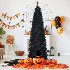 7 Ft. Pre-Lit Black Halloween Artificial Christmas Tree Artificial PVC Slim Pencil Christmas Tree -Northlight Shop gymax pre lit christmas trees gym08655 4f 1000